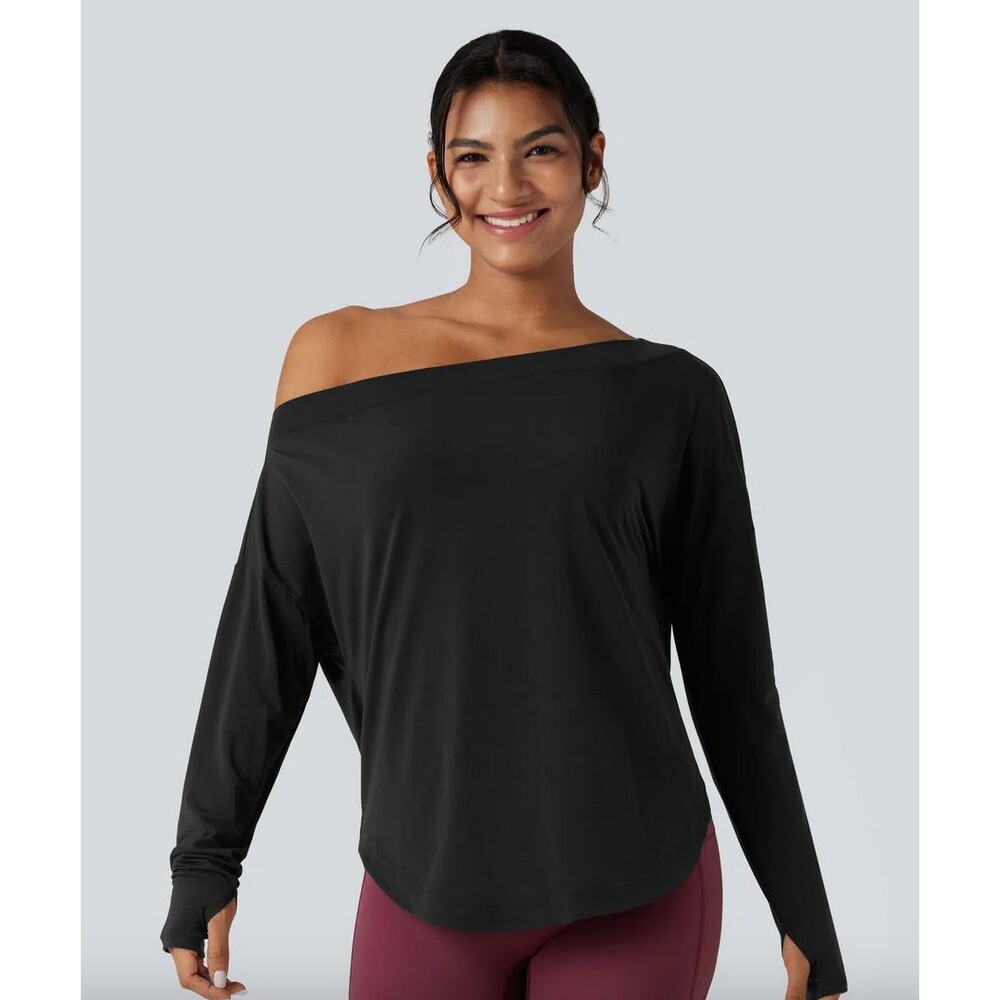 NEW Halara One Shoulder Long Sleeve Curved Hem High Low Top Black Size XS